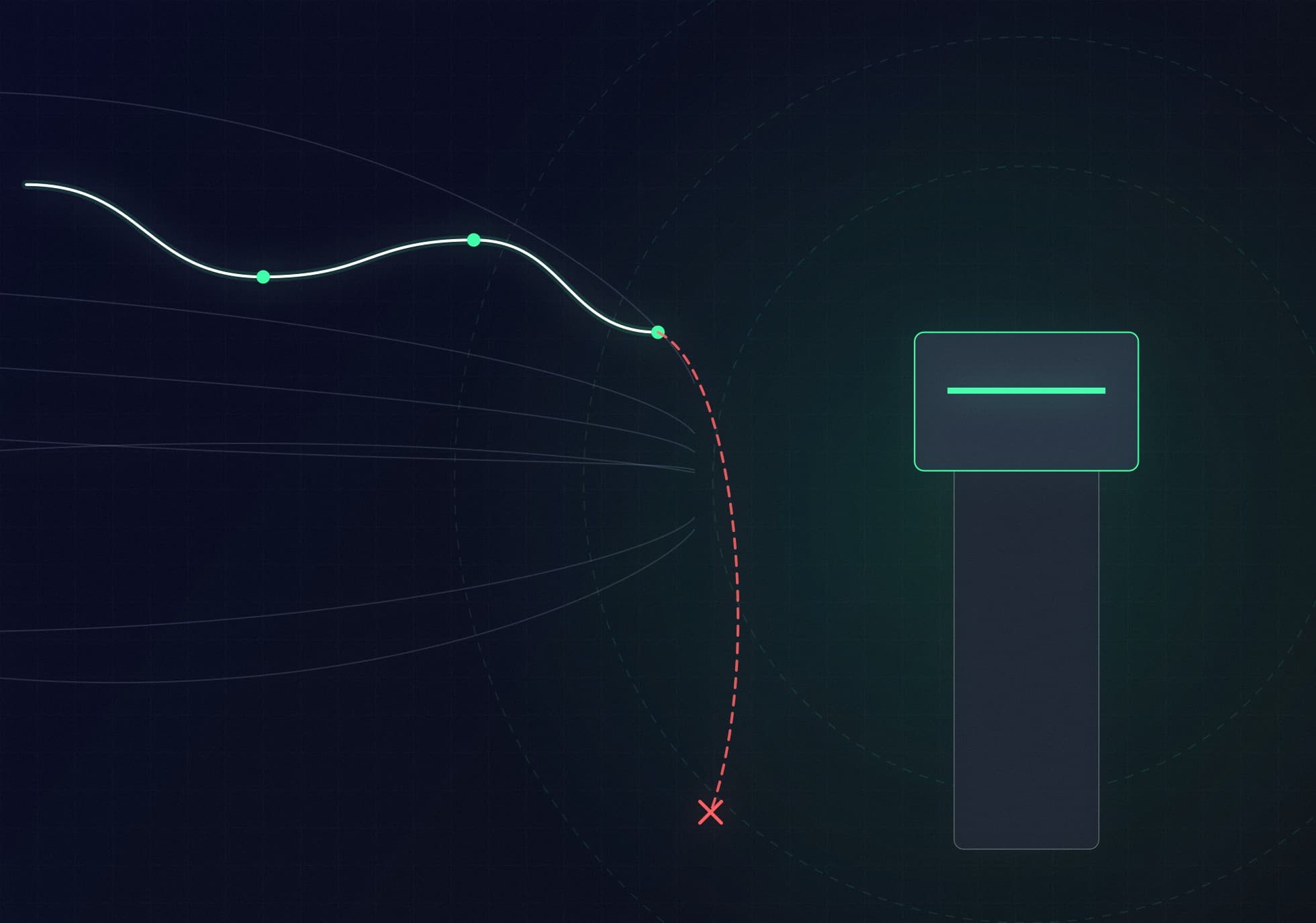 Una torre de control con varias trayectorias en vuelo, una de ellas marcada y desviada antes de llegar.